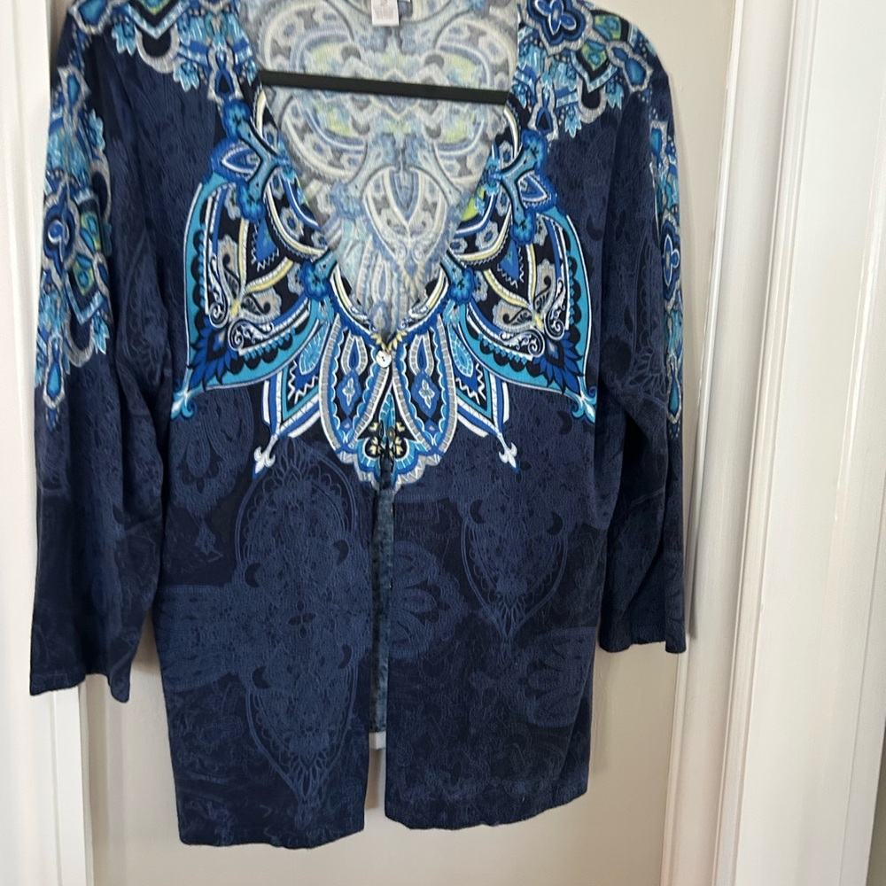 Chico's Blue and White Patterned Cardigan